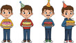 © Jisan World - Cartoon boys with birthday cakes, vector celebration illustration, candle count progression, festive outfits, party hats, joyful moment, children’s birthday scene