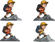 © Jisan World - Cartoon hiker climbing rocks, vector outdoor adventure illustration, hiking gear variation, mountain activity, travel character design, exploration pose sequence