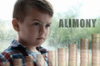 © New Africa - Sad little boy near window, double exposure with stacked coins. Alimony, money support for child after divorce