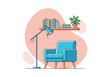 © Asep - Vector illustration of a cozy reading corner with a comfortable blue armchair, floor lamp, and bookshelf. Modern home interior design concept for relaxation and lifestyle