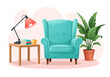 © Asep - Cozy reading corner illustration with a vibrant turquoise armchair, side table with a lamp and books, and a lush houseplant for a relaxing home interior