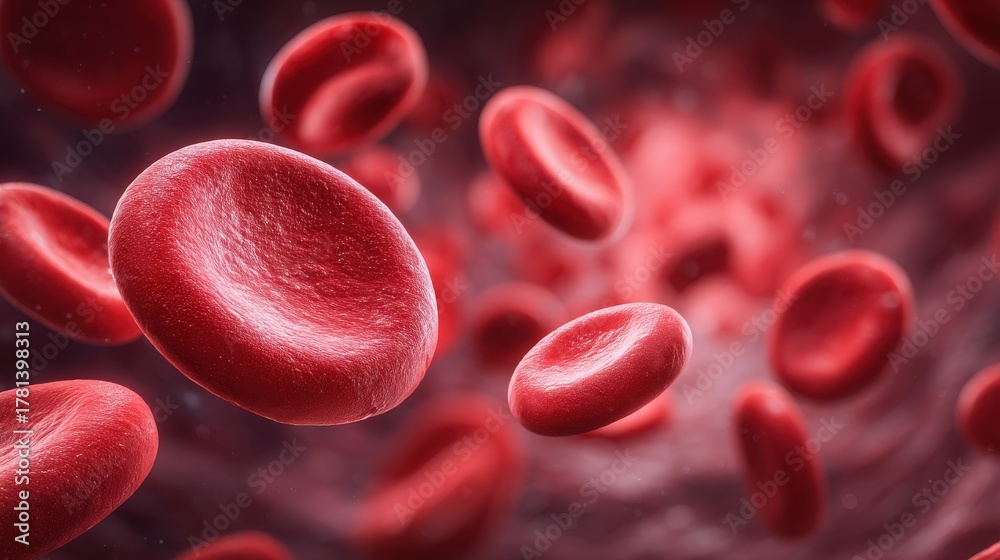 This scene showcases numerous red blood cells moving through a blood vessel, illuminated by a soft glow. The cells appear vibrant and round, highlighting their vital role in oxygen transport.