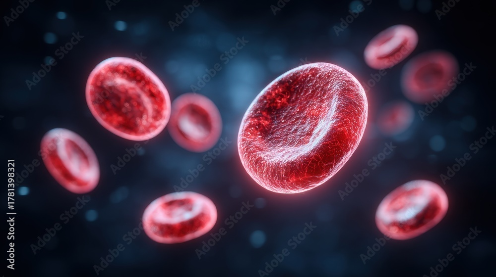This visual displays red blood cells floating through a dark background, highlighting their circular shape and surface texture.