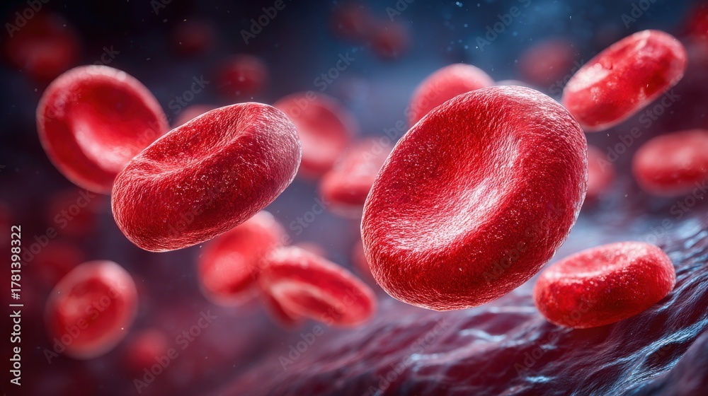 Red blood cells are depicted floating in a dynamic blue and black background. They are vital for oxygen transport in the human body, and their structure is shown in detail.