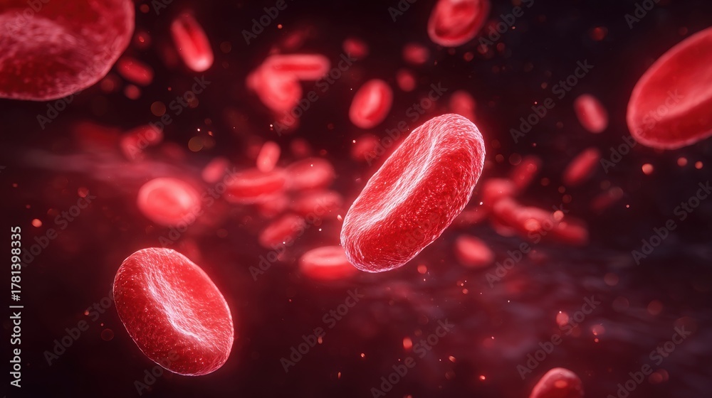 Red blood cells flowing through a dark background, illustrating a dynamic and vibrant bloodstream. The movement and colors create a sense of life and activity within the body.