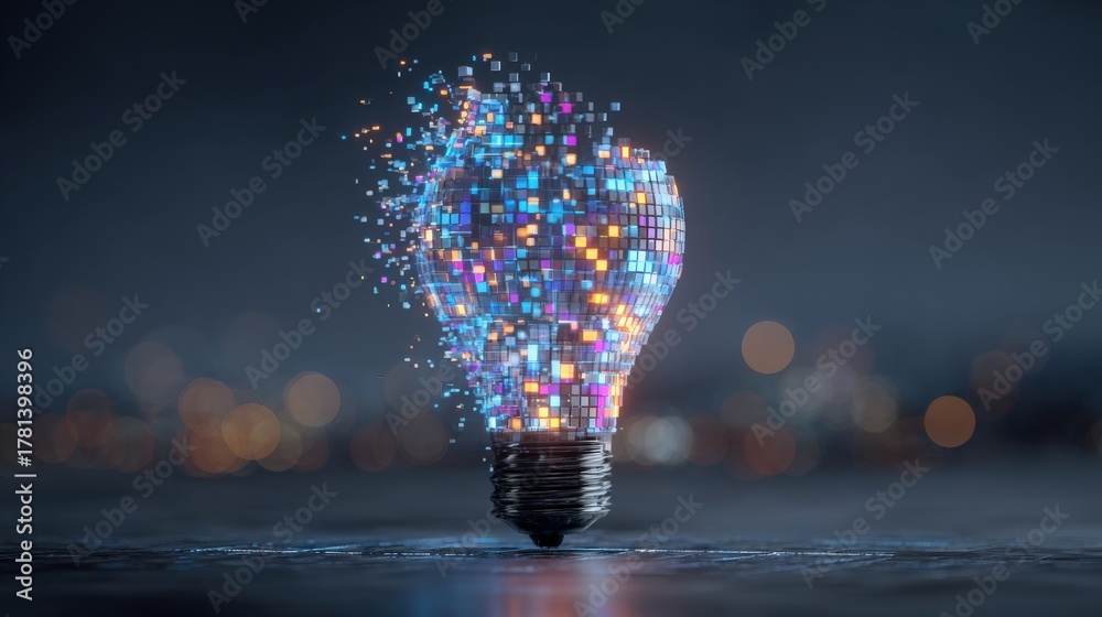 A colorful light bulb composed of pixels is bursting with vibrant colors against a dark background.