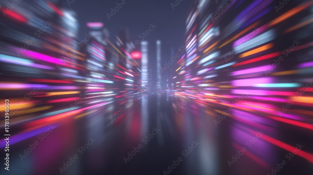 Bright, colorful light trails create a dynamic scene of a futuristic city skyline at night. The vibrant hues reflect off the wet surface, enhancing the modern urban atmosphere.