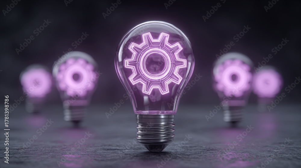 Bright light bulbs with gear symbols illuminate a dark background, representing creativity and innovation. The design highlights the concept of combining energy and mechanics in a striking visual.