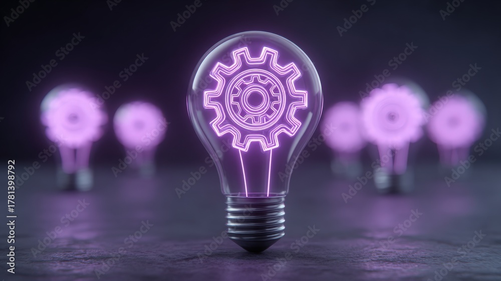 Several glowing light bulbs with pink gears inside are arranged in a dark environment. The bright designs create an inspiring atmosphere for innovative thinking and problem-solving.