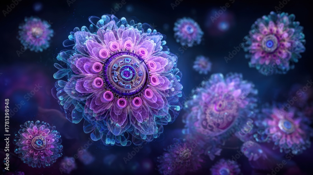 Bright and intricate microorganisms appear to float in a dark setting, showcasing various colors and shapes.