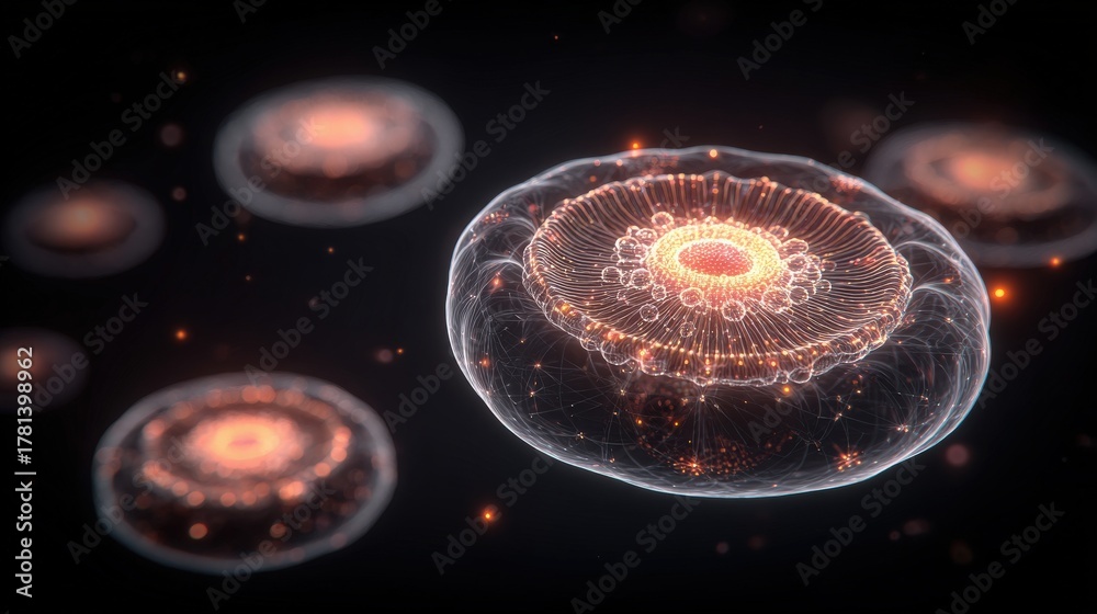 Glowing cells with a complex design are seen floating in a dark space. The light from the center and patterns around create a mesmerizing effect, showcasing the beauty of cellular structures.