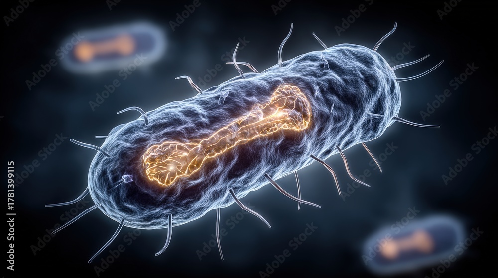 The image showcases a close-up view of bacteria with a complex shape and glowing patterns.