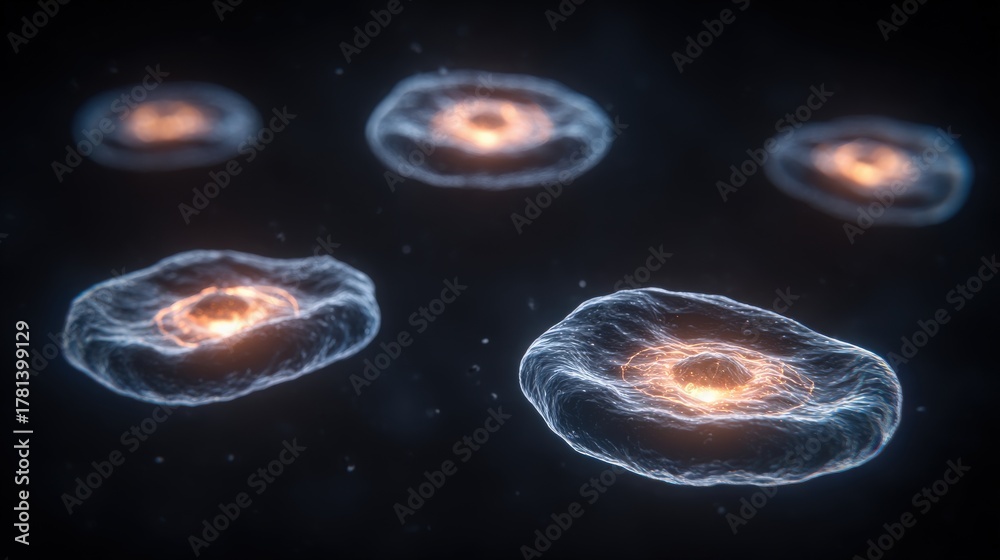Glowing cells float in a dark space, with vibrant cores illuminating their circular structures. This visual showcases the beauty of cellular life, pulsating softly in the void.