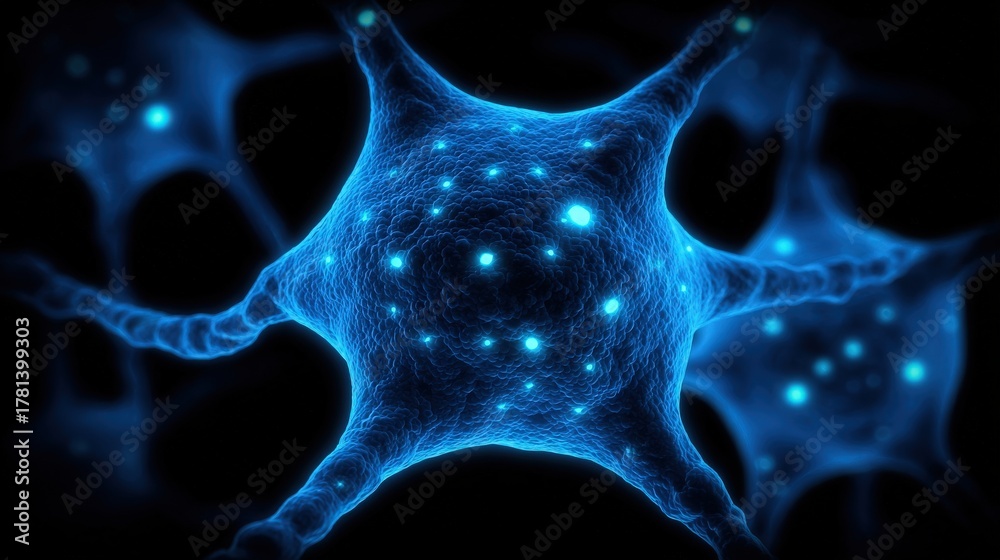 Glowing neurons are visible against a dark background, displaying intricate structures with bright blue highlights.