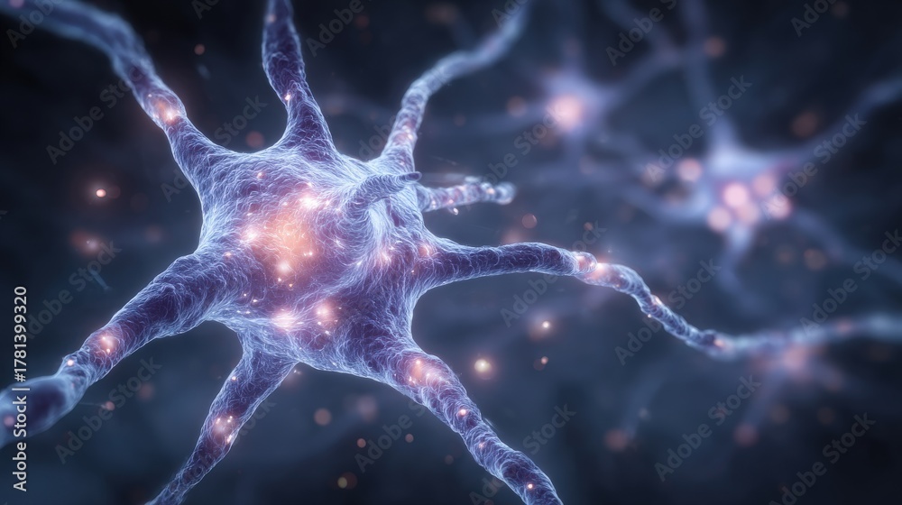 This visual depicts a neuron with intricate branches that show glowing connections. The background highlights the neural environment, suggesting activity and signaling within the brain.