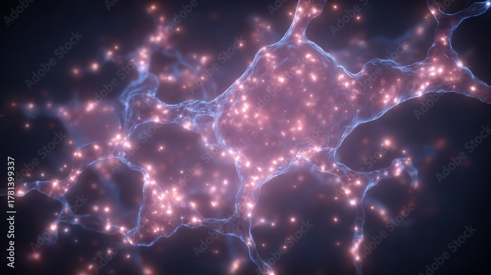 This scene displays an intricate network of glowing neurons set against a dark background. The bright nodes represent synapses, highlighting the complexity of neural connections.