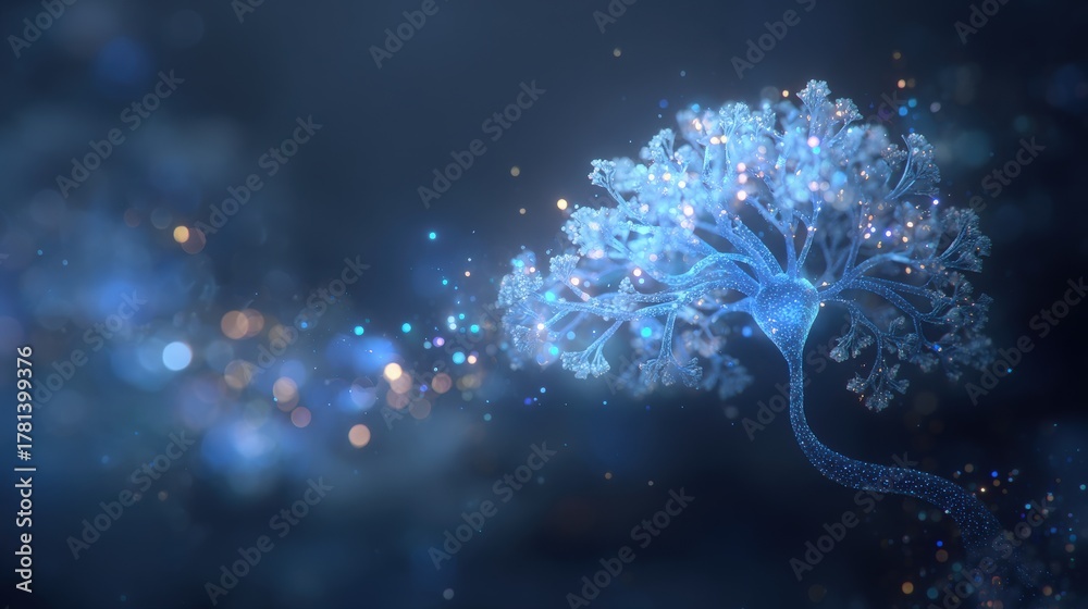 A glowing tree-like structure stands out in a dark backdrop, with small particles of light floating around it. The scene conveys an otherworldly atmosphere, enhancing its enchanting appearance.