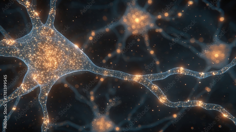 A stunning view of a complex network of neurons showcases glowing synapses connected by fine strands.
