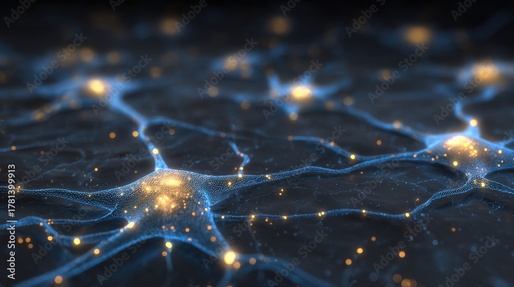 A close-up look at a neural network shows intricate connections with glowing points representing neural activity. The dark background enhances the brightness of the network design.