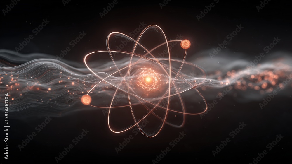This digital artwork showcases an atom at the center, surrounded by swirls of energy and light in a dark background. The glowing particles symbolize atomic movement and interaction.