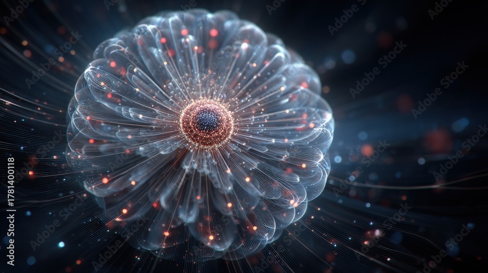 This visual showcases a detailed cell structure surrounded by glowing particles. The design features soft, flowing lines and intricate patterns, creating a captivating view of microscopic life.