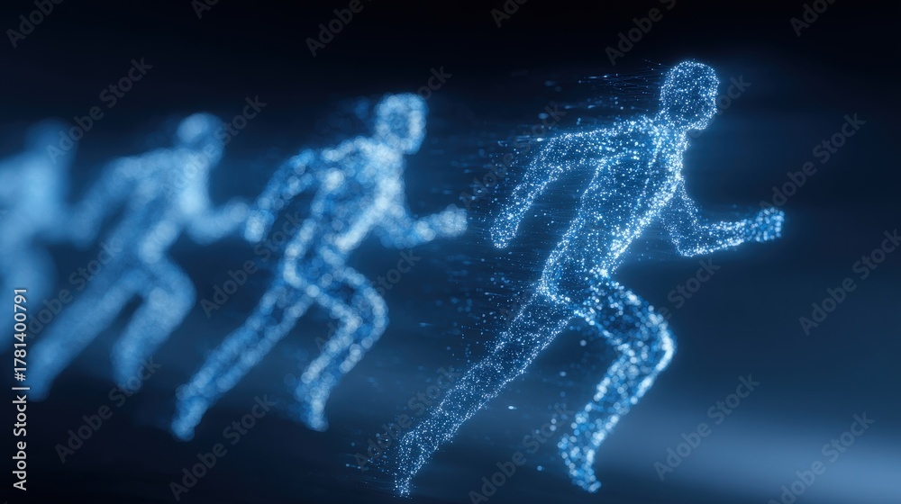 A dynamic scene shows a runner made of glowing particles, illustrating motion and speed.