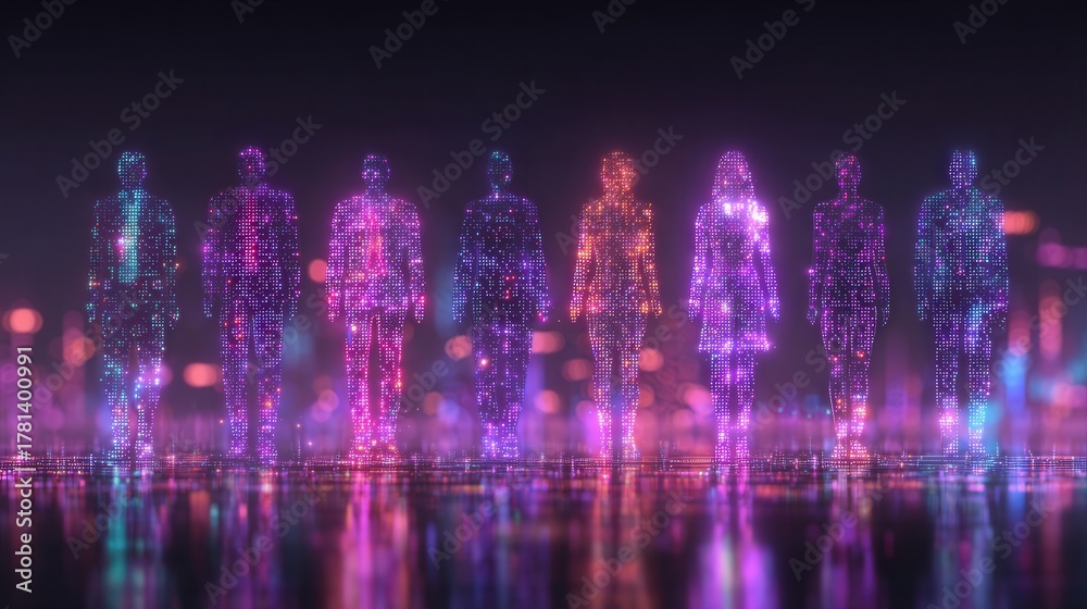 A group of eight glowing, digital figures stands in a blurred cityscape during the night. The figures emit vibrant colors, creating a futuristic impression amidst reflective surfaces and soft lights.