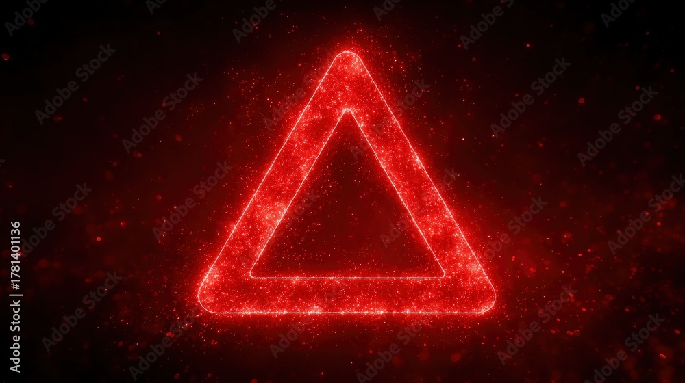 A vivid red triangle shines brightly against a dark backdrop, featuring a sparkling effect that enhances its visibility. The design conveys a striking, attention-grabbing appearance.
