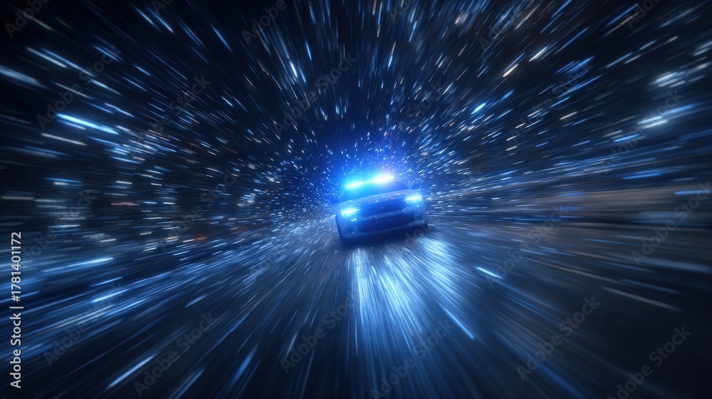 A police car with flashing blue lights races through a dark environment, creating a sense of speed. The blurred background emphasizes the vehicles rapid movement during the nighttime.