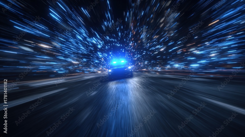 A police car speeds down a dimly lit road, its blue lights flashing brightly. The scene captures a dynamic moment, emphasizing the urgency and action as light streaks create a sense of motion.