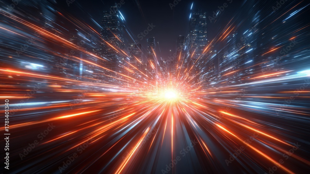 Bright streaks of orange and blue radiate outward, capturing the essence of a fast-paced city at night.