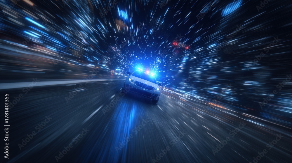 A police car races down a city street at night, its blue lights flashing. The lights create a dynamic, blurred effect against the dark surroundings, emphasizing the urgency of the situation.