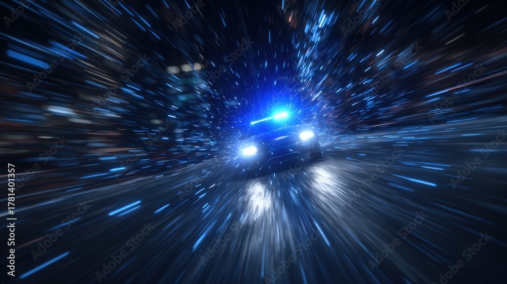 A police car moves rapidly through a city street at night, with blue lights flashing. The surrounding environment blurs, creating a sense of motion and urgency in the scene.