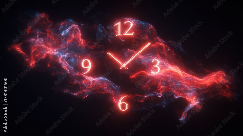 A vibrant clock design features glowing numbers and hands against a dark background. Swirling smoke in red and blue surrounds the time display, creating a dynamic and futuristic look.
