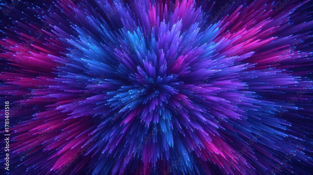 A dynamic display of bright blue and purple light resembles an explosion of color. Bright strands radiate outward, creating a lively and energetic scene filled with vivid hues.