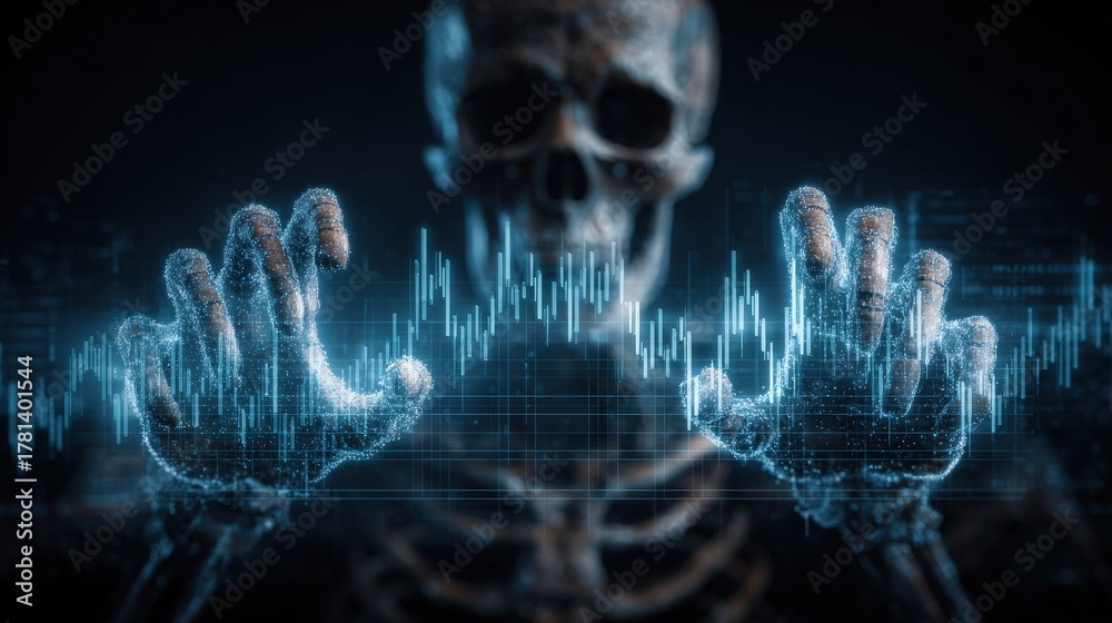 A skeleton figure extends its hands toward a glowing digital data display with fluctuating graphs. The scene is dark, highlighting the contrast between the skeleton and the vibrant visuals.