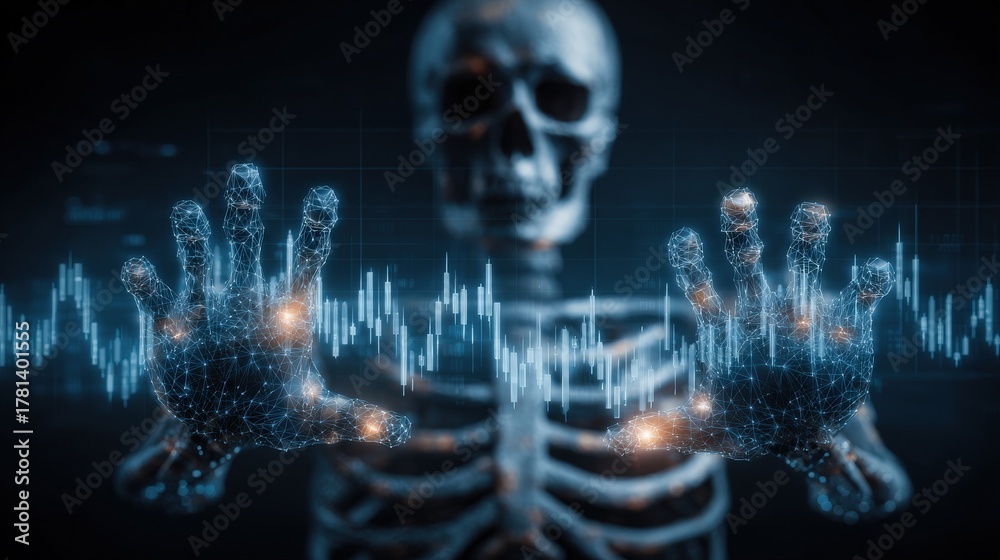 A digital skeleton stands in a dark space, reaching out with its hands as sound waves visually pulse around it. The scene combines elements of technology and human form, creating a striking effect.