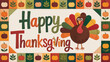 © Mambo_VG - Whimsical cartoon turkey and pumpkins border with happy thanksgiving greeting in a quilt style
