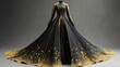 © Jdgkxbnc - Elegant black gown with golden sparkles and intricate golden detailing on sleeves and bodice, flowing and dramatic long train, displayed on a mannequin