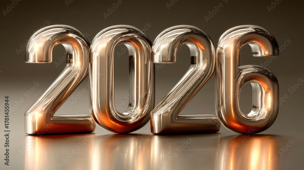 Shiny metallic numbers representing the year 2026 on a smooth surface ...