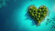 © Pete - Heart shaped island with green palm trees in clear blue ocean water. Lush tropical paradise landscape seen from above. Idyllic beach coast for peaceful vacation getaway.
