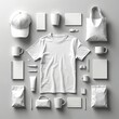 © Pete - White merchandise set for corporate identity branding mockup. Flat lay with t-shirt, cap, tote bag, mug, stationery. Promotional items template for design presentation, advertising product company