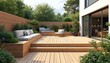© Pete - Modern wooden deck with outdoor seating and built-in sofa. Rich green plants surround patio area. Sliding glass door opens to indoor kitchen space. Space offers relaxation and entertainment.