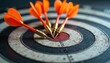 © Pete - Orange darts land perfectly in center bullseye of worn dartboard. Signifies hitting target with precision, achieving goal, excelling in competition business strategy. Image conveys accuracy,