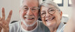 © Daniel - Head shot portrait happy senior couple taking selfie, having fun with phone cam, smiling aged wife and husband hugging, looking at camera, posing for photo, aged man vlogger recording video