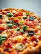© chanwut - Close-up of a pizza creation, artfully arranged ingredients forming a beautiful edible landscape,  edible art,  dough texture