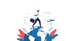 © Kutub - Businessman walking on a stylized globe with an airplane in the background, symbolizing global travel, international business, and connectivity.