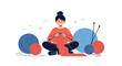 © Rabby - A contented young woman sits cross-legged, engrossed in knitting a long red scarf with needles, surrounded by colorful yarn balls.