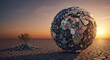 © Suryani - Polluted earth globe made of plastic waste and electronic junk on cracked desert at sunset