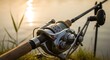 © Lilis - Fishing Rod and Reel Close-Up at Sunset by the Water.